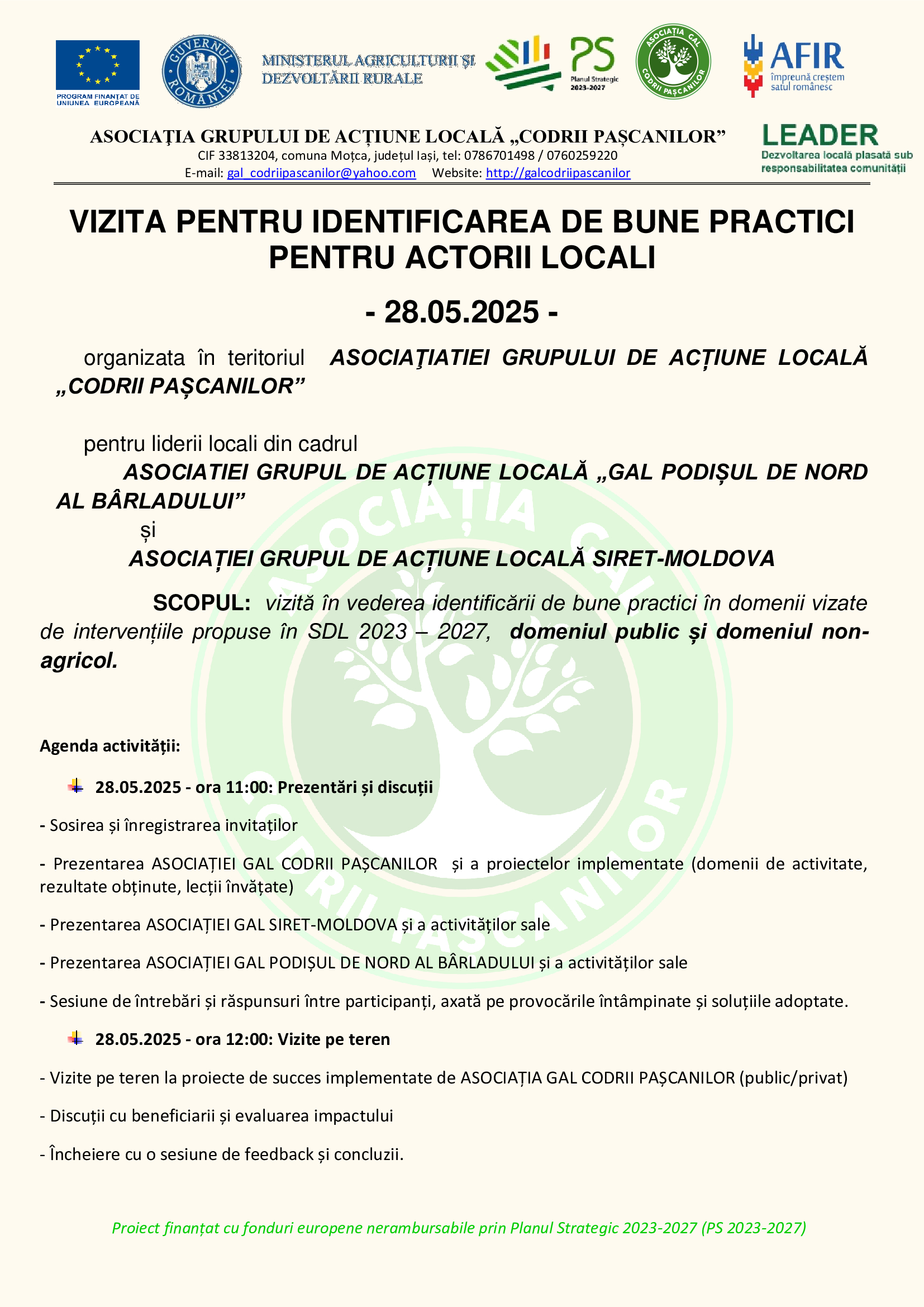 Vizita pentru identificarea de bune practici pentru actorii locali organizata în teritoriul ASOCIAŢIEI GRUPULUI DE ACȚIUNE LOCALĂ „CODRII PAȘCANILOR”